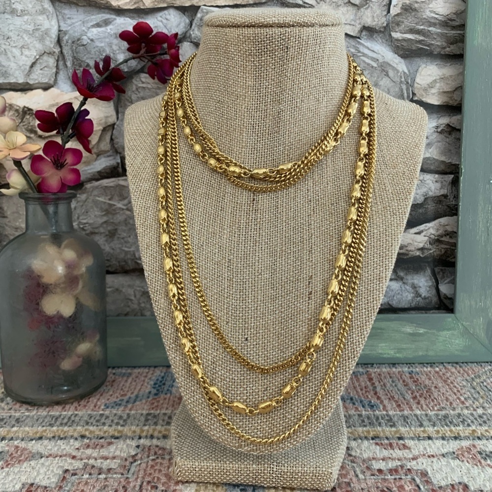 Vintage Signed Crown Trifari Triple Chain Strand Layer Gold Plate Tulip Necklace
